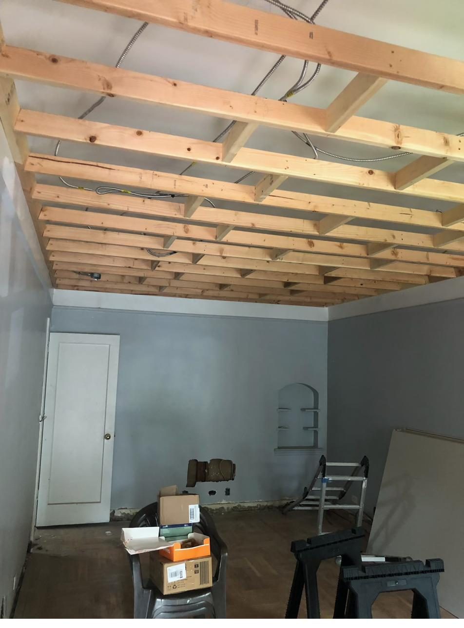 Exposed ceiling framing mid-construction